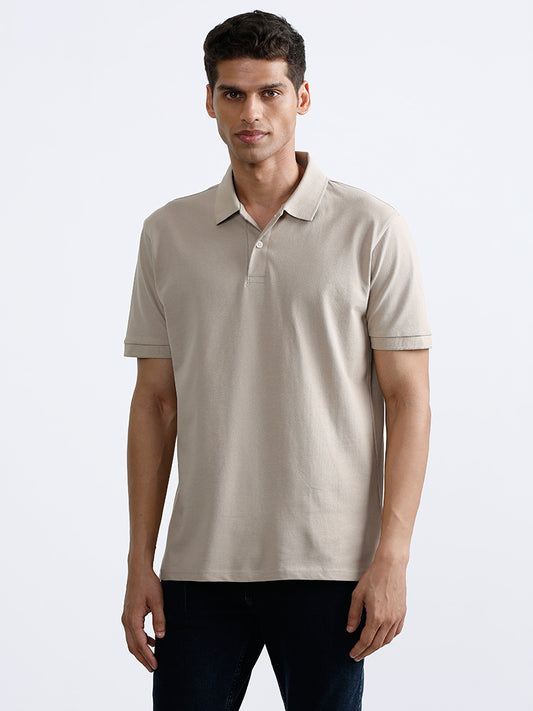 WES Casuals Beige Cotton Blend Polo Neck T-Shirt