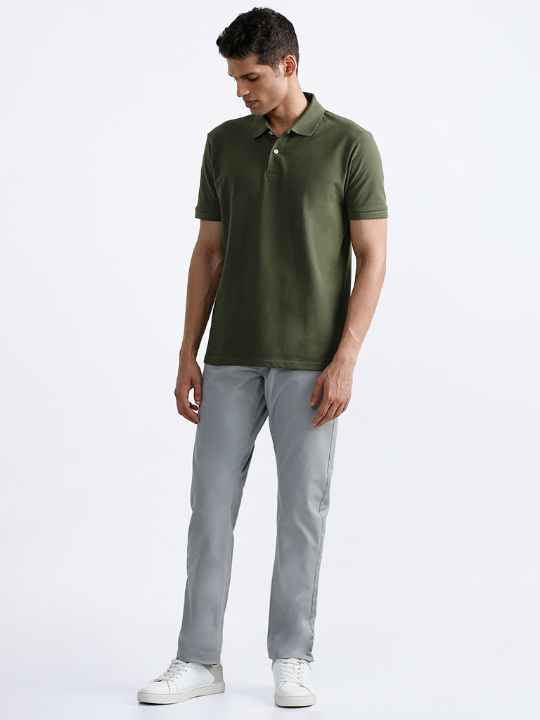 WES Casuals Dark Olive Cotton Blend Polo Neck T-Shirt