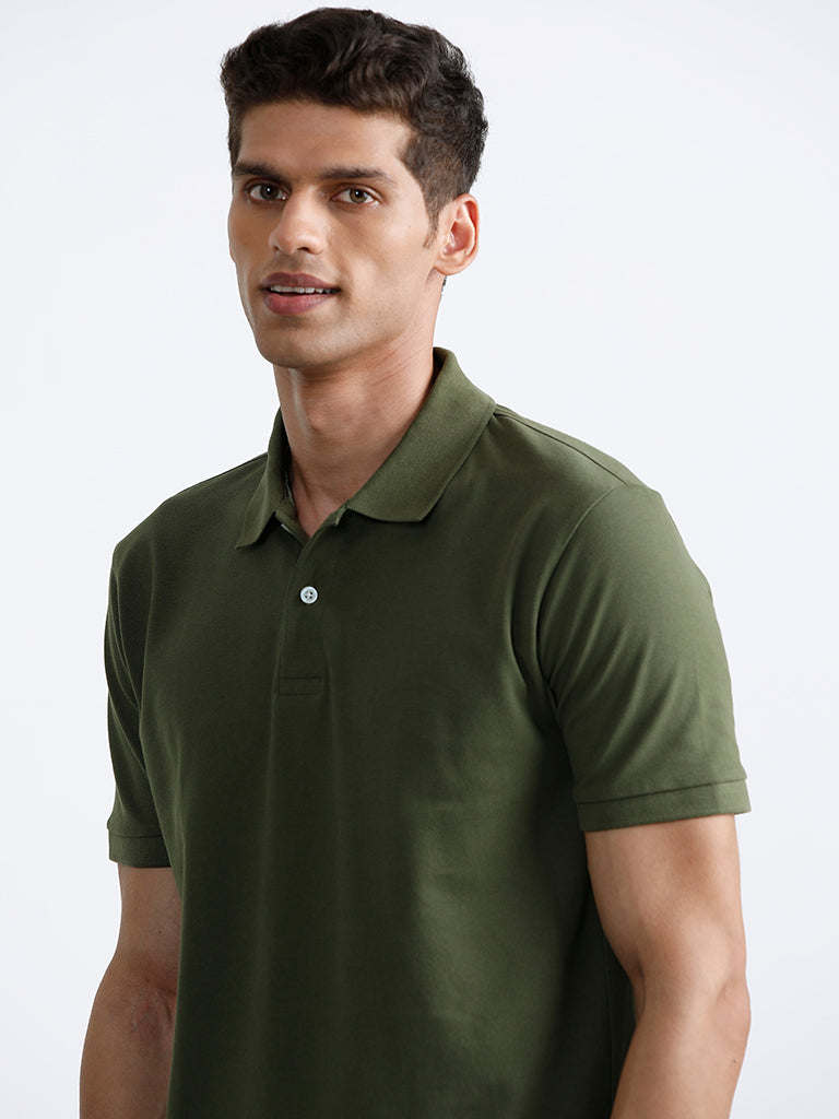 WES Casuals Dark Olive Polo Neck T-Shirt