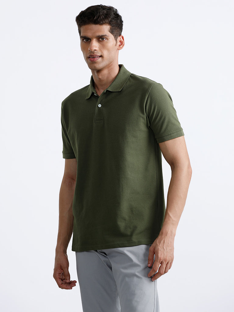 WES Casuals Dark Olive Cotton Blend Polo Neck T-Shirt