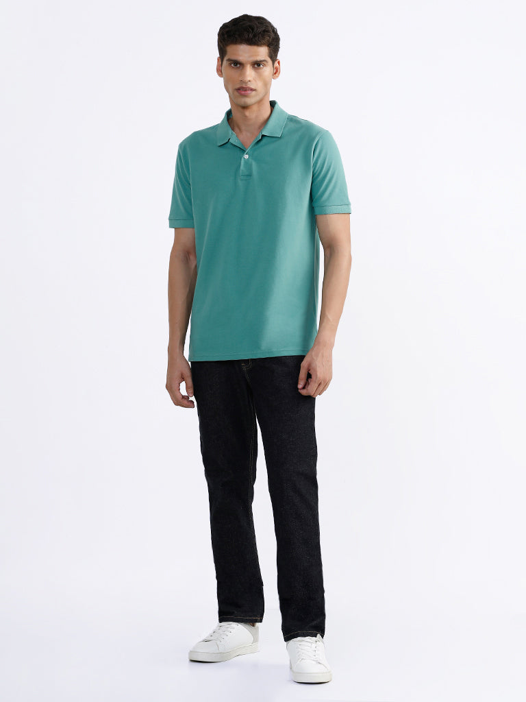 WES Casuals Plain Sage Green Cotton Blend Polo Neck T-Shirt