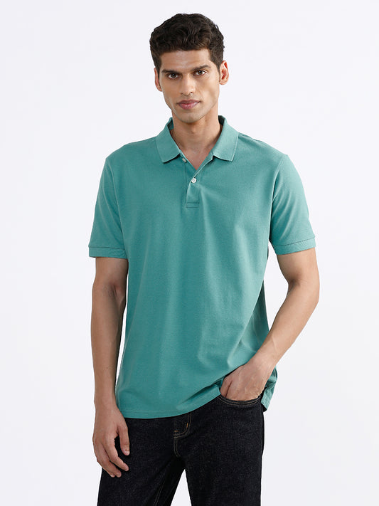 WES Casuals Plain Sage Green Cotton Blend Polo Neck T-Shirt