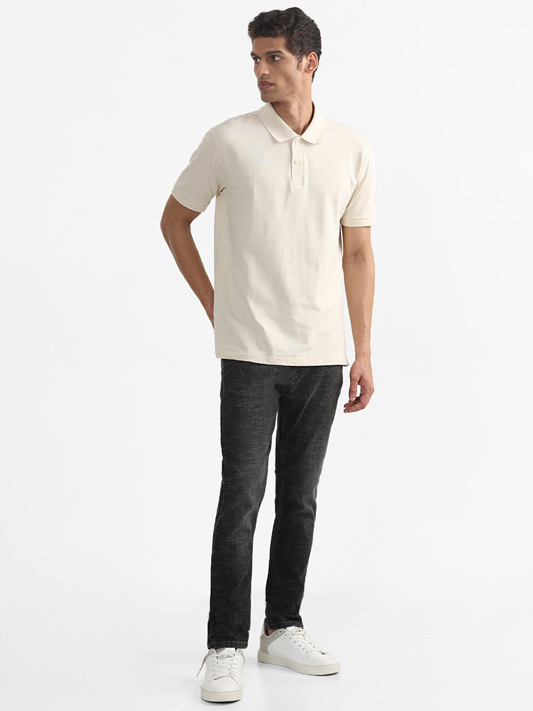 WES Casuals Plain Cream Cotton Blend Polo Neck T-Shirt