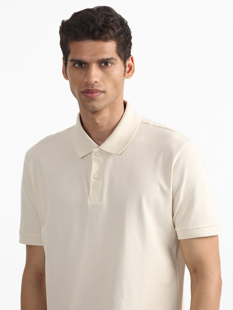 WES Casuals Plain Cream Cotton Blend Polo Neck T-Shirt