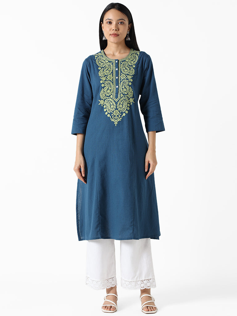 Buy Indigo Hand Block Printed Straight Cotton Kurta for Women | FGMK22-451  | Farida Gupta