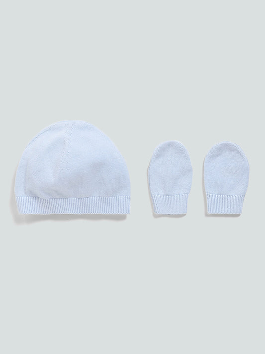 HOP Baby Solid Knitted Blue Ribbed Hat with Mitten