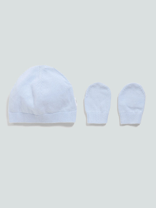 HOP Baby Solid Knitted Blue Ribbed Hat with Mitten