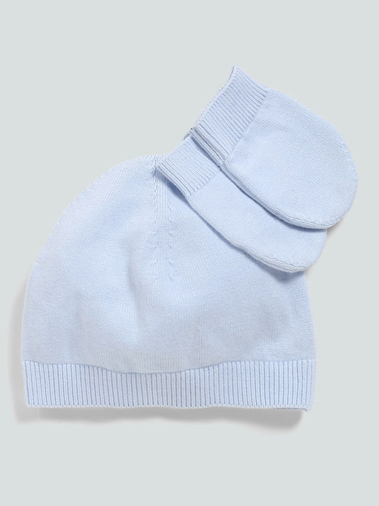 HOP Baby Solid Knitted Blue Ribbed Hat with Mitten