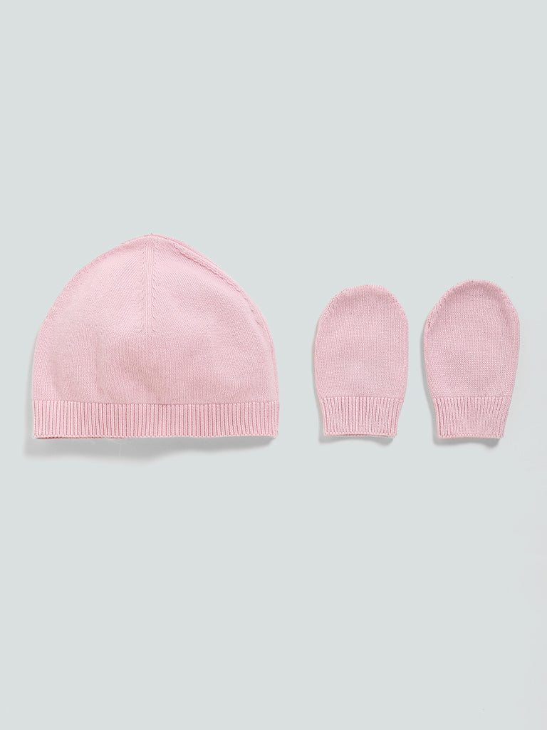 HOP Baby Solid Knitted Pink Ribbed Hat with Mitten