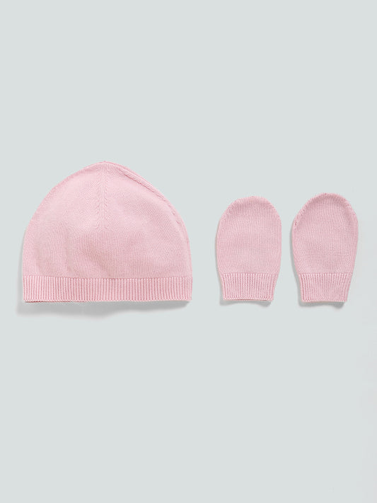 HOP Baby Solid Knitted Pink Ribbed Hat with Mitten