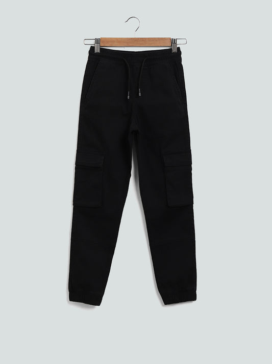 Y&F Kids Black Solid Ribbed Joggers
