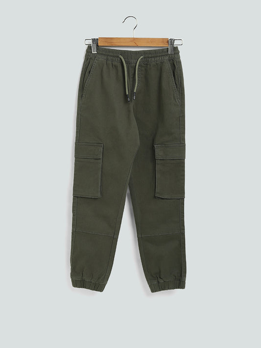 Y&F Kids Olive Green Solid Elasticated Joggers