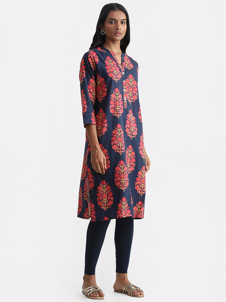 Utsa Coral Floral-Patterned A-Line Kurta