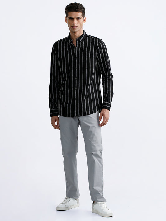 WES Casuals Striped Slim Fit Black Shirt