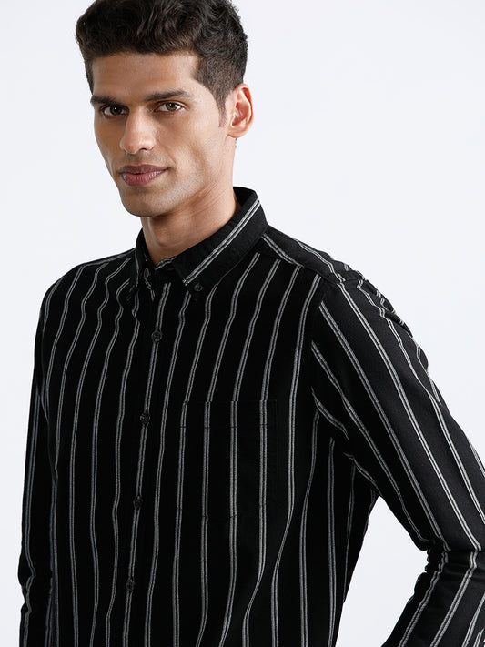 WES Casuals Striped Slim Fit Black Shirt