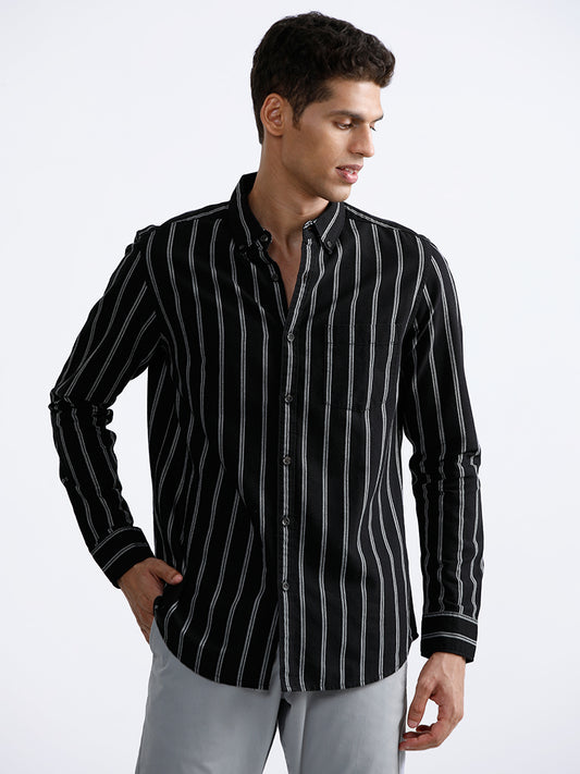 WES Casuals Striped Slim Fit Black Shirt