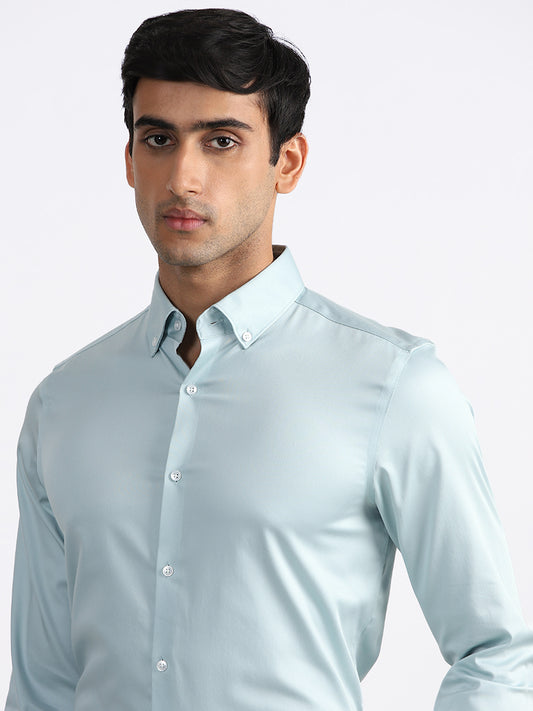 WES Formals Solid Sage Slim Fit Shirt