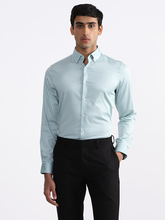 WES Formals Solid Sage Slim Fit Shirt