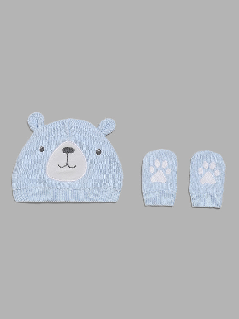 HOP Baby Pastel Blue Bear Embroidery Beanie, Paw Mitten Set
