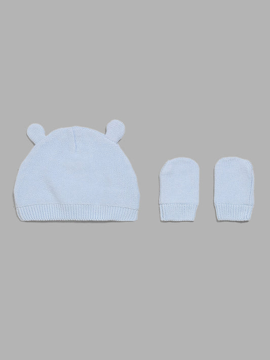 HOP Baby Pastel Blue Bear Embroidery Beanie with Paw Mitten Set