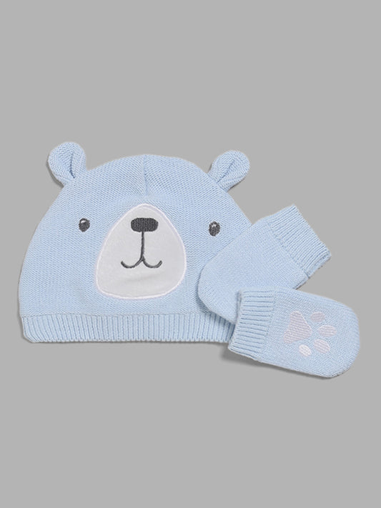 HOP Baby Pastel Blue Bear Embroidery Beanie, Paw Mitten Set