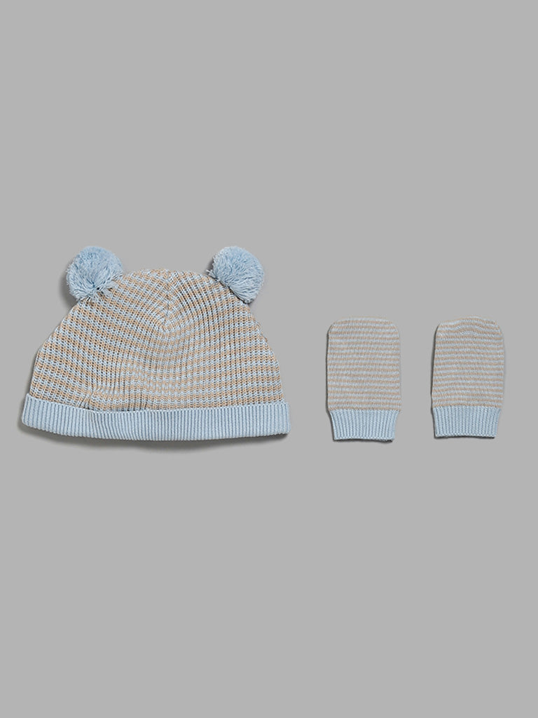 HOP Baby Blue Animal Embroidery Beanie, Mittens Set