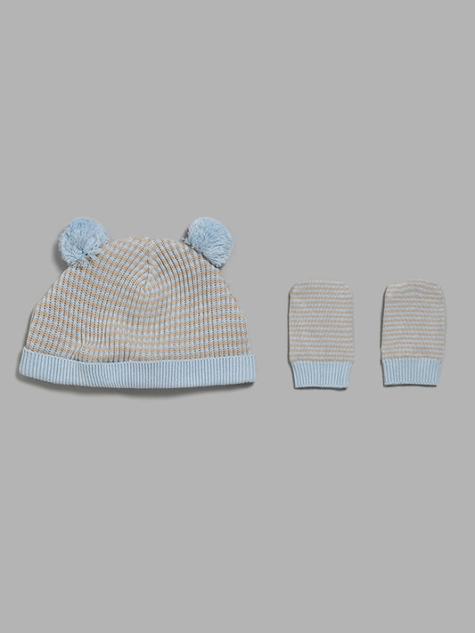 HOP Baby Blue Animal Embroidery Beanie, Mittens Set