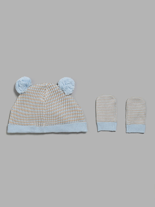 HOP Baby Blue Animal Embroidery Beanie, Mittens Set