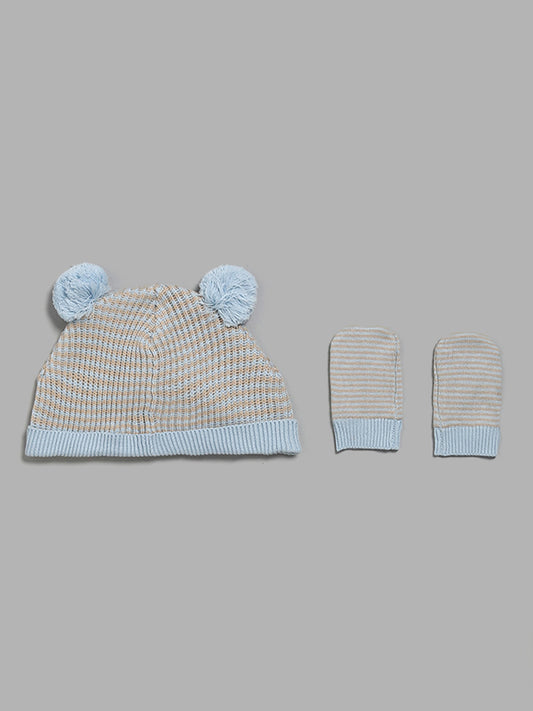 HOP Baby Blue Striped Pom Pom Beanie with Paw Mitten Set