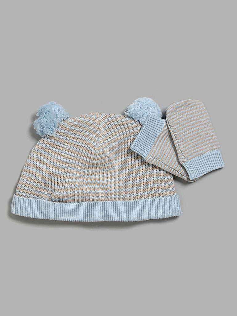 HOP Baby Blue Animal Embroidery Beanie, Mittens Set