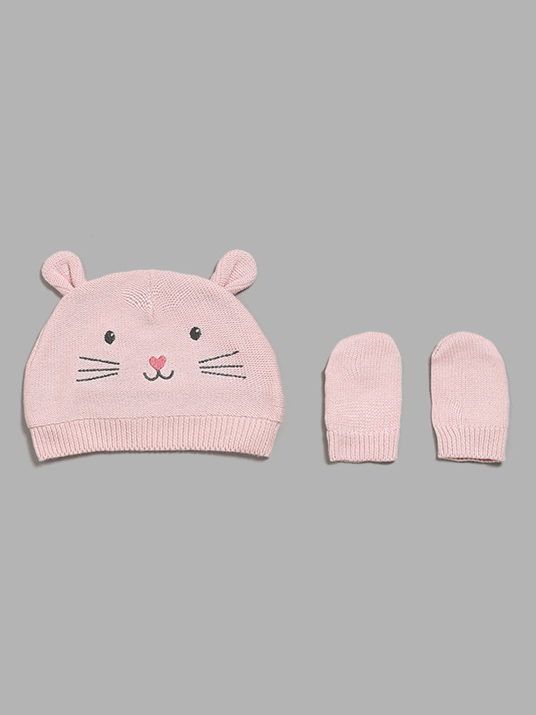 HOP Baby Pink Kitten Knitted Hat and Mitten Set