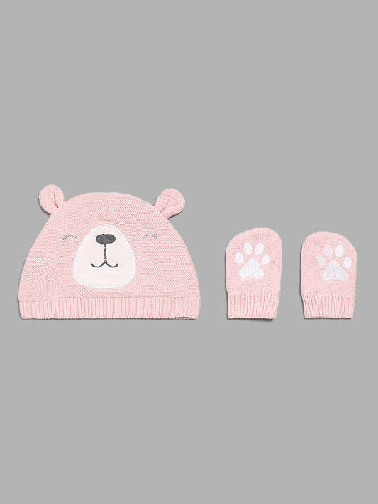 HOP Baby Pink Bear Embroidered Beanie with Paw Mittens Set