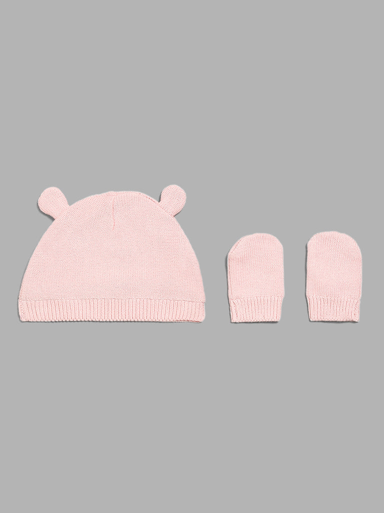 HOP Baby Pink Bear Embroidered Beanie with Paw Mittens Set