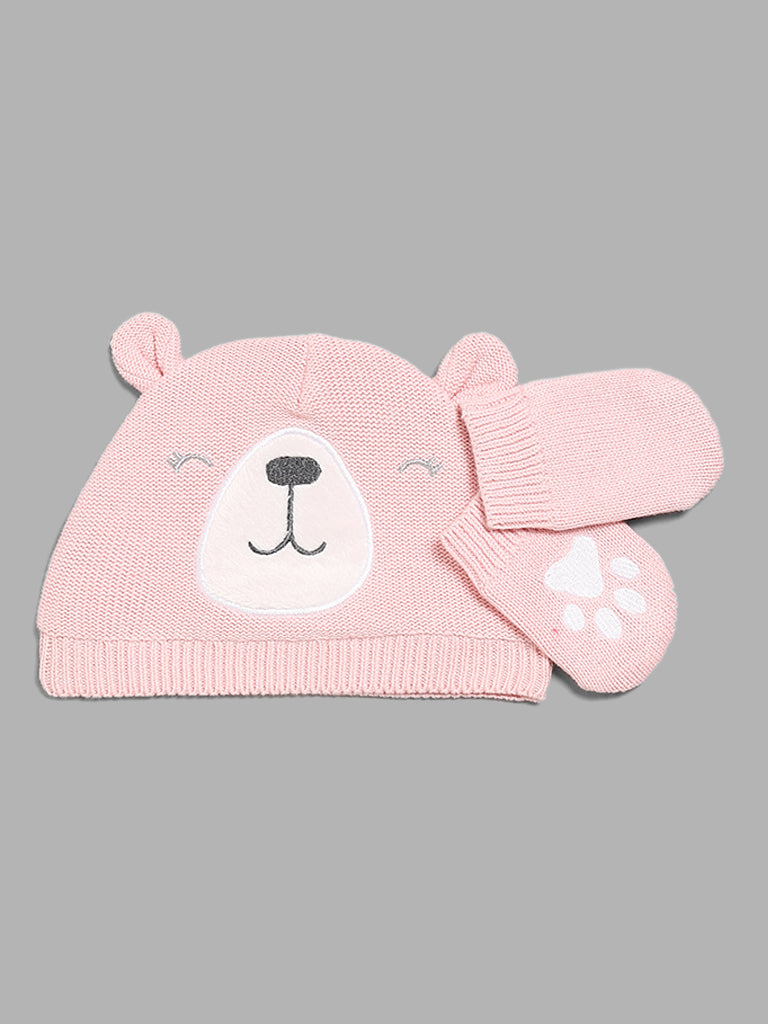 HOP Baby Pink Bear Embroidered Beanie with Paw Mittens Set