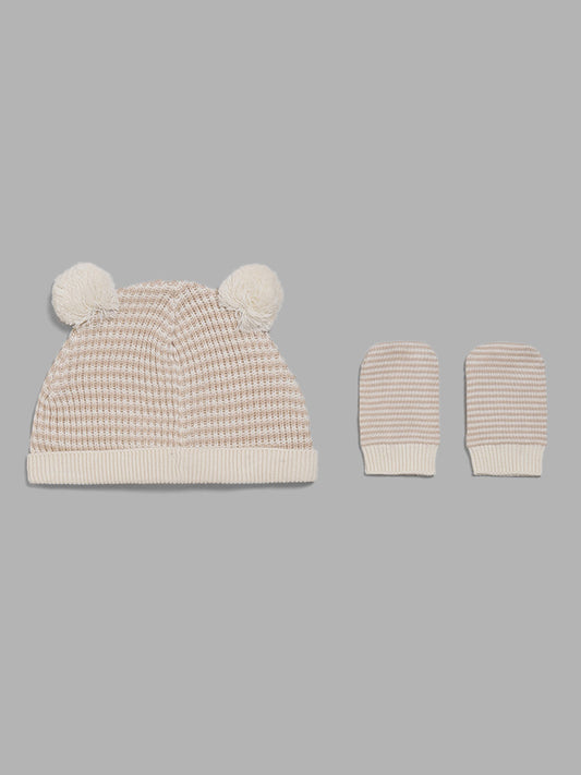 HOP Baby Pink Striped Pom Pom Beanie with Mittens Set