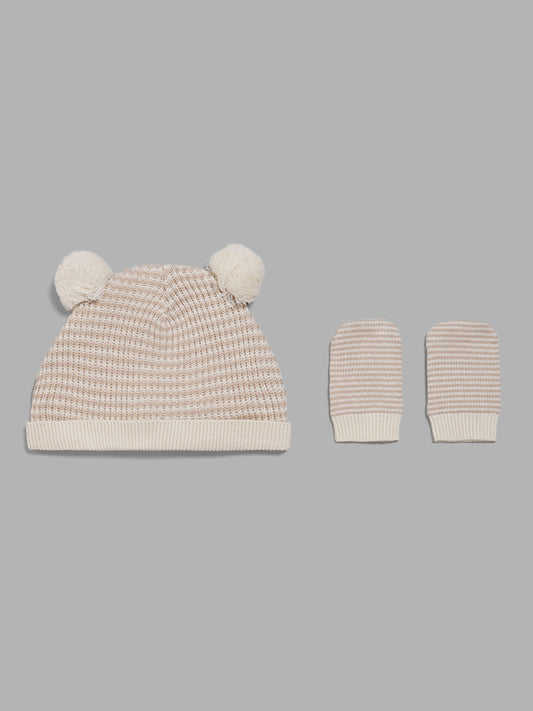 HOP Baby Pink Striped Pom Pom Beanie with Mittens Set