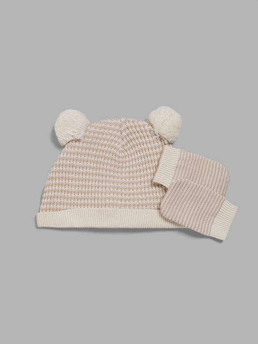 HOP Baby Pink Striped Pom Pom Beanie with Mittens Set