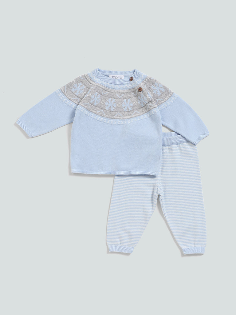 HOP Baby Blue Snow Flake Design Knitted Top and Pants Set