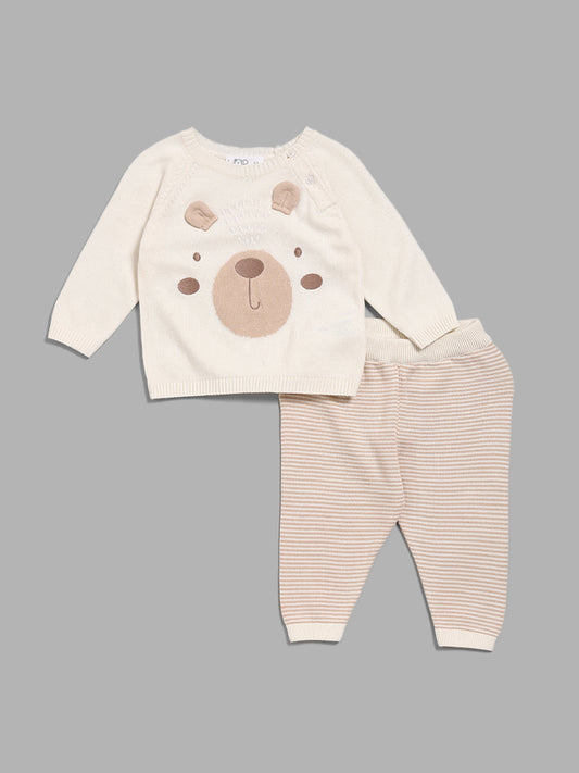HOP Baby Beige Embroidered Sweater & Pants Set