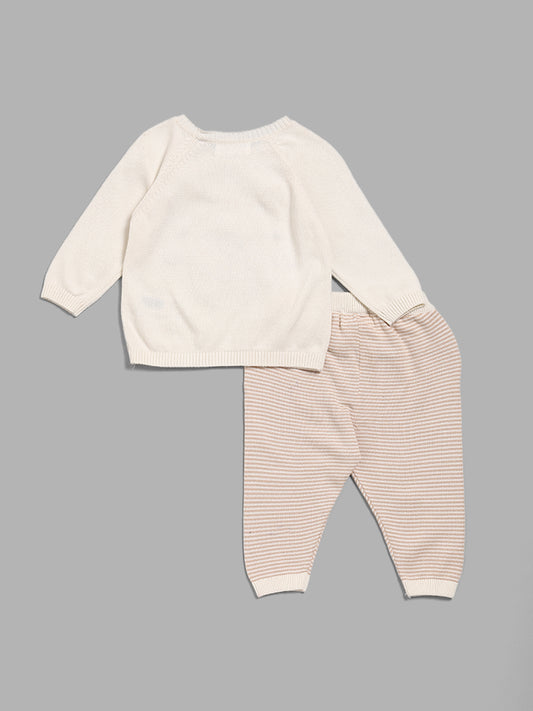 HOP Baby Beige Embroidered Sweater & Pants Set