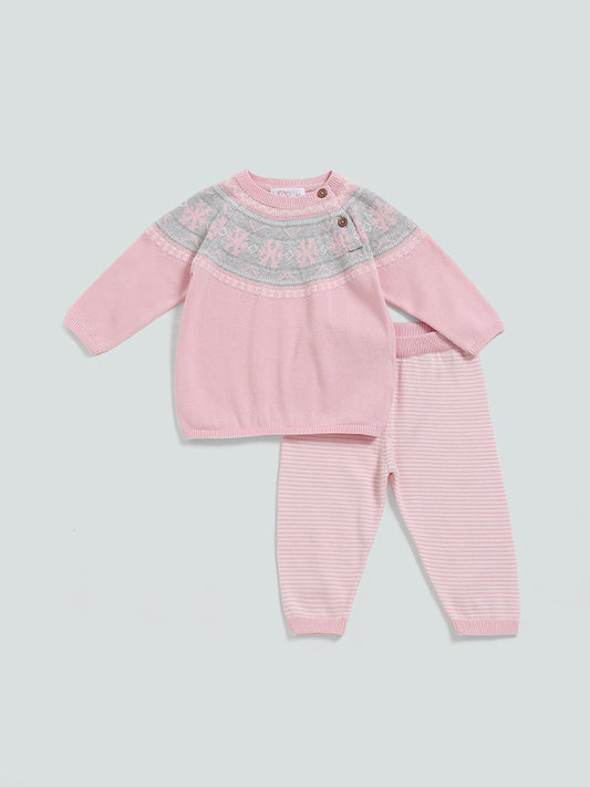 HOP Baby Pink Snow Flake Design Knitted Top and Pants Set