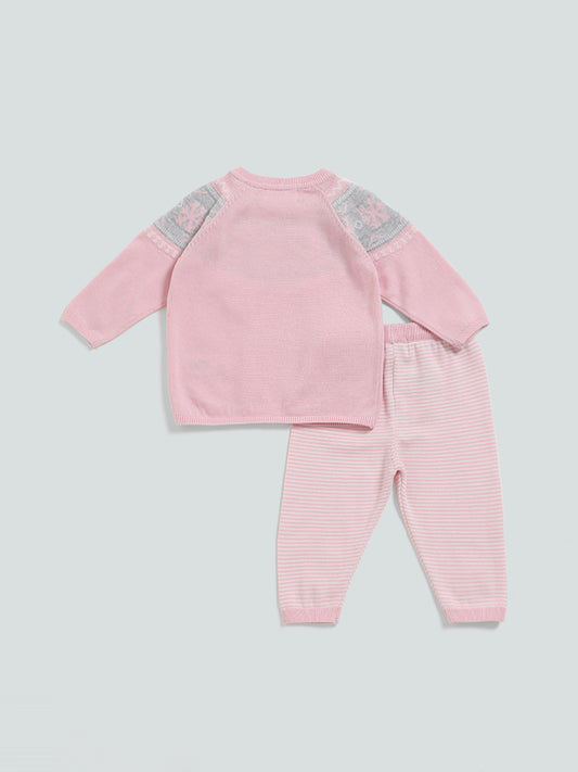 HOP Baby Pink Snow Flake Design Knitted Top and Pants Set