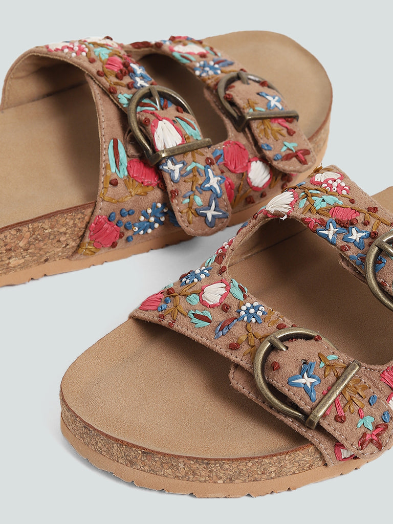 LUNA BLU Taupe Embroidered Double Band Comfort Sandals