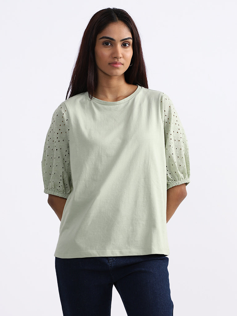 LOV Solid Sage-Green Schiffli Top