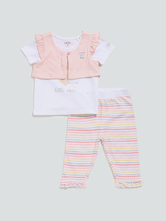 HOP Baby Peach T-Shirt with Sleeveless Jacket & Striped Pants