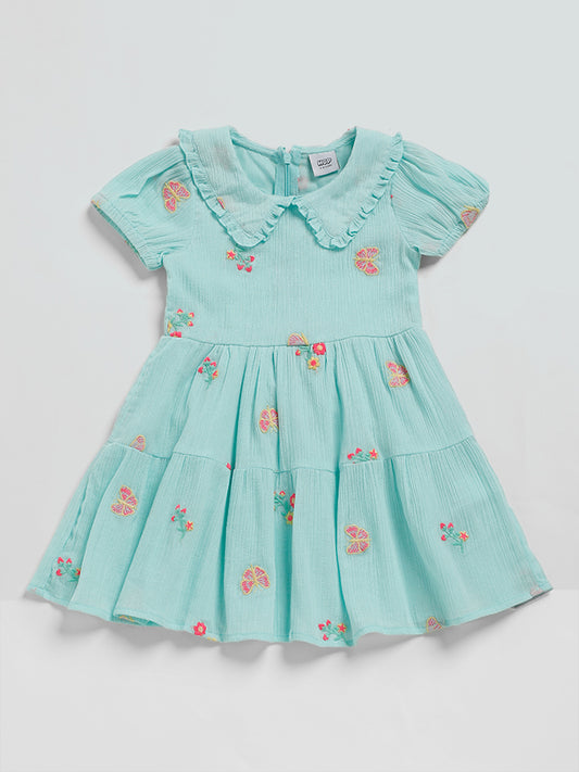 HOP Kids Mint Floral Embroidered Tiered Dress