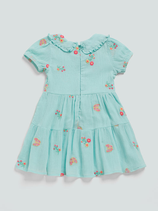 HOP Kids Mint Floral Embroidered Tiered Dress
