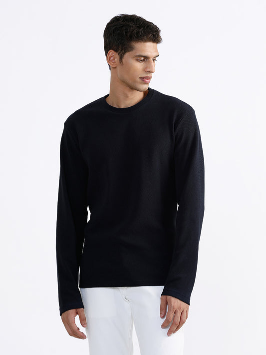 Ascot Textured Navy Cotton Blend Relaxed-Fit T-Shirt