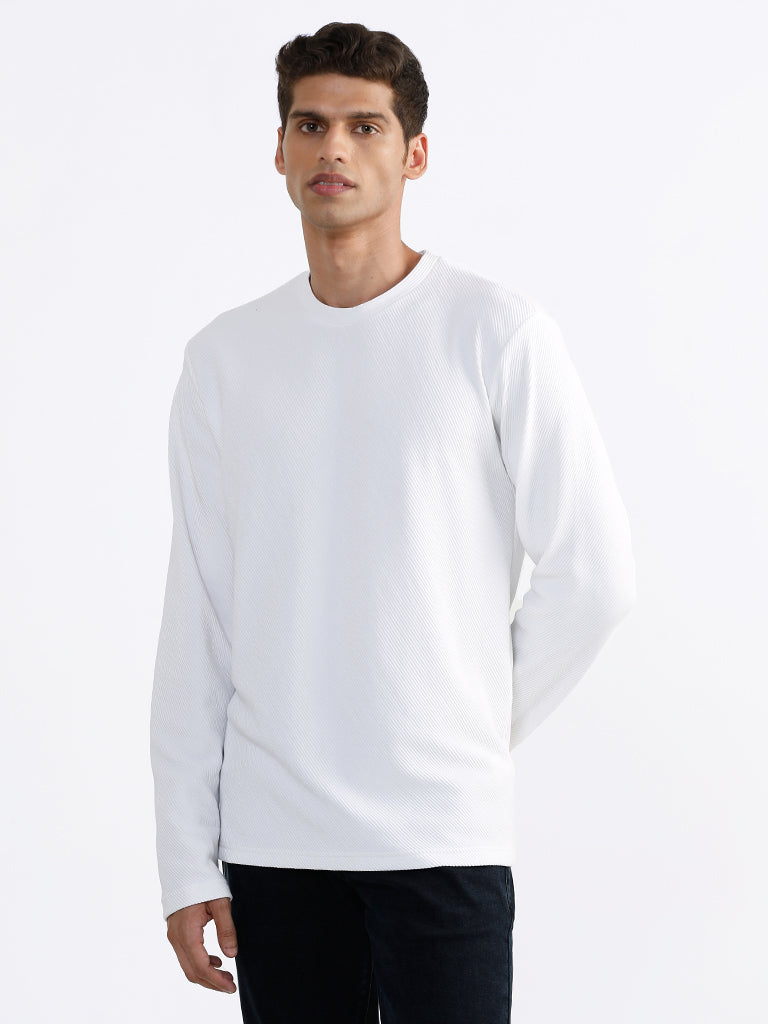 Ascot Textured White Cotton Blend Relaxed Fit T-Shirt