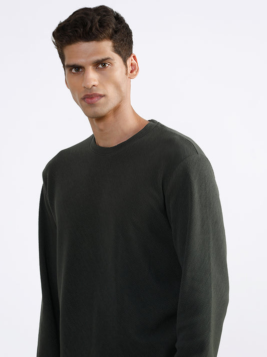 Ascot Textured Olive Green Cotton Blend Relaxed Fit T-Shirt
